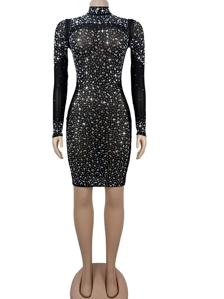 Beyprern Elegant Crystal See Through Mesh Party Dresses Women Glamour Long Sleeve Rhinestone Night Out Vestido Christmas Outfits