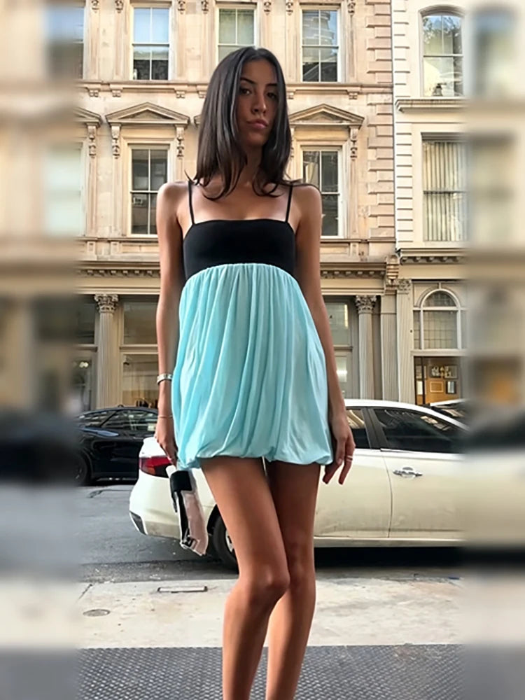 Trendy Color Block Mini Dress Thin Spaghetti Square Neck Back Button Bubble Hem Loose Skirt Casual Summer Daily Date Party Wear