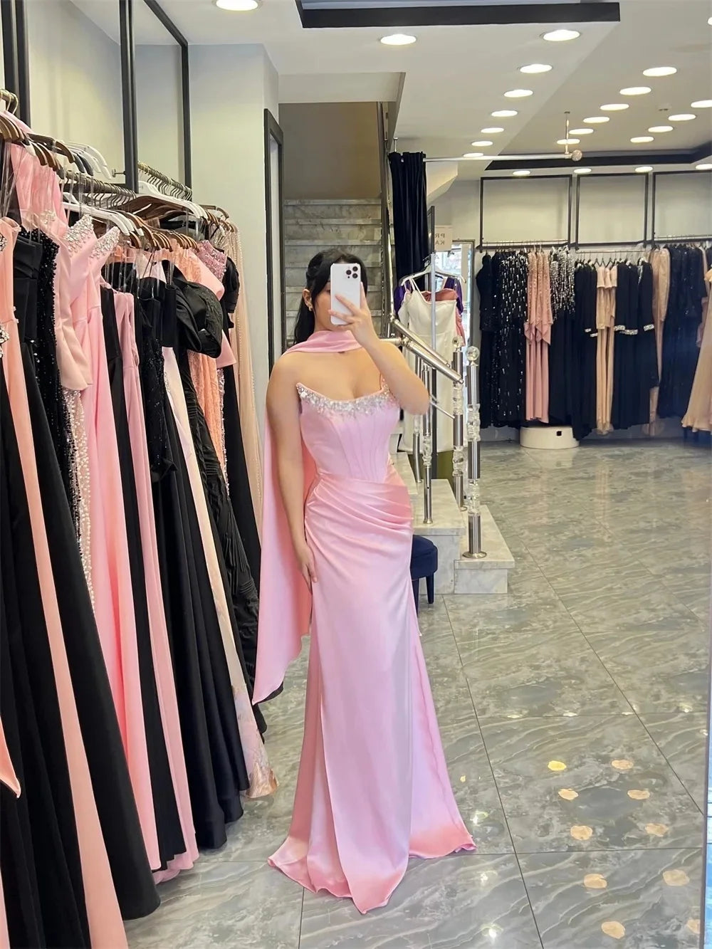 Pink Beaded Formal Long Bespoke Occasion Gown Evening Dresses Prom Pastrol Unisex Jersey Retro Dubai Saudi Arabic Customized