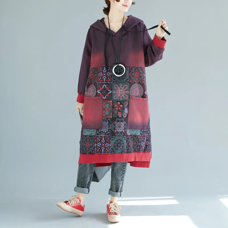 Mid Length Dress Women Hooded Dresses Casual Loose Vestidos Maxi Autumn Elegant Splice Hoodies Y2k Streetwear Print Summer 2025