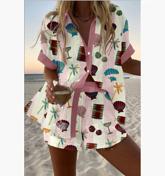 2025 New Summer Vacation Shorts Set 3D Printed Seaside Tropical Casual Lapel Shirt Blouse Top Shorts 2-Piece Suits Beach Holiday
