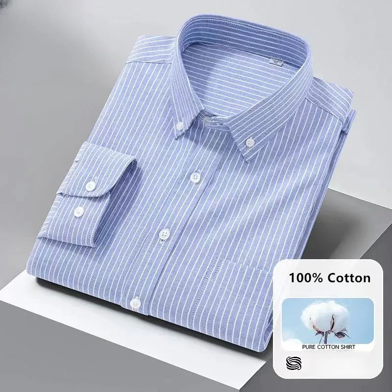 High Quality Men's Dress Shirts Long Sleeve Spring Autumn 100% Cotton Oxford Causal Stripe Social Slim White Man Clothing 5XL