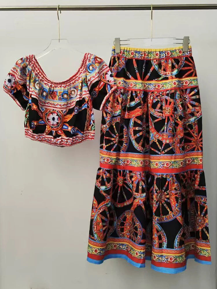 Retro geometric print sexy one neck short pullover two-piece set for 2026 summer women's clothing+elastic waist loose skirt set