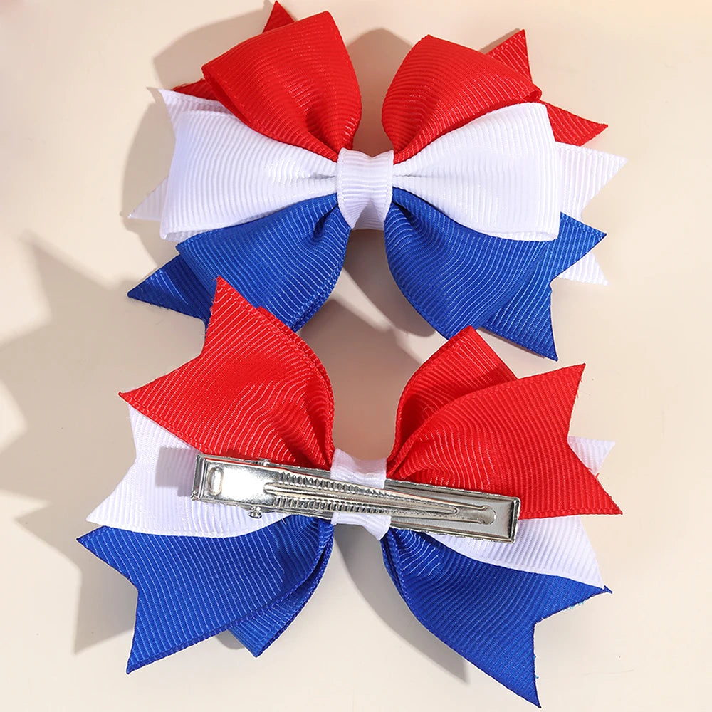 2Pcs USA Flag Bow Hair Clip Ribbon Patriotic American Flag Design Red White Blue Bow Barrettes For 4th Of July Party Accessories