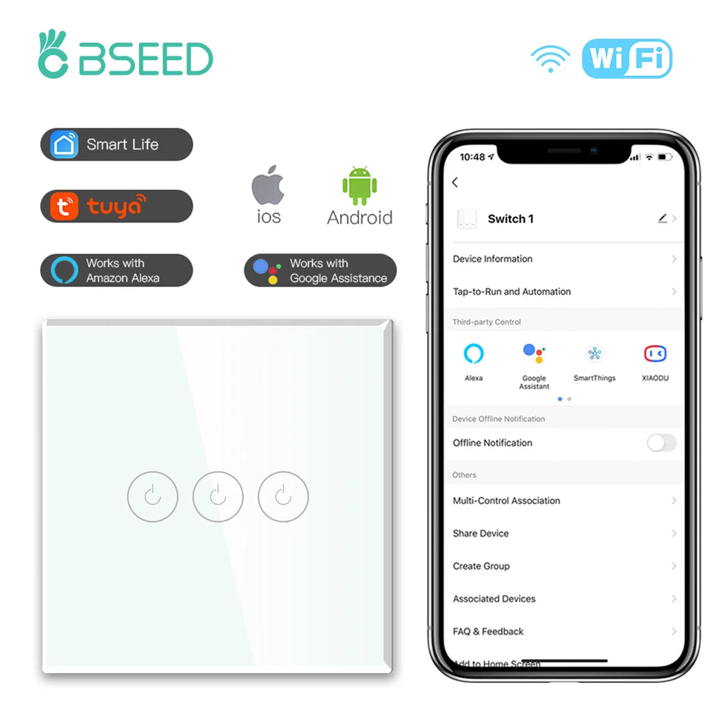 BSEED WIFI Touch Switches 1/2/3/4Gang Smart Light Switches Wall Stair Switches Tuya Control Smart Life APP Multi-Control Neutral