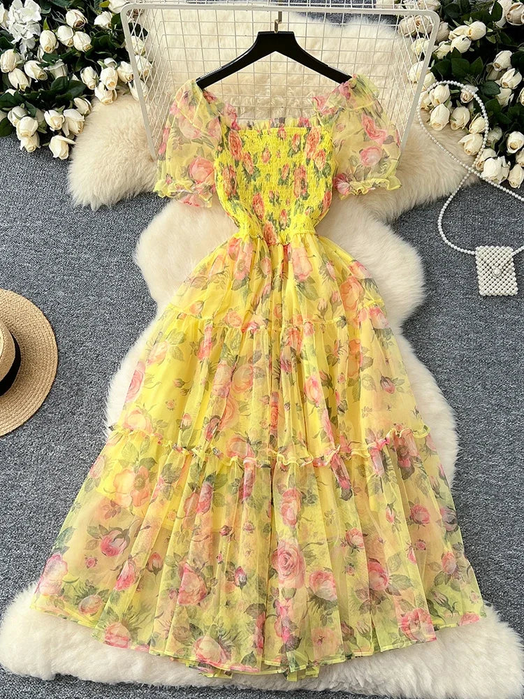Summer Vintage French Mesh Dress for Women New Waist Cinched Slash Neck Bubble Sleeves Sweet Floral Chiffon Dress Female C146