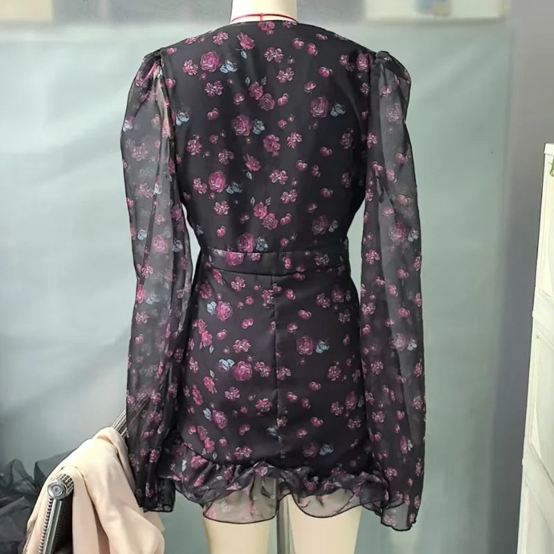 Women Flora Painted Ruffle Mini Dress Elegant Full Sleeve Deep V-neck Slim A-line Vestidos 2026 New Lady Holiday Street Dresses