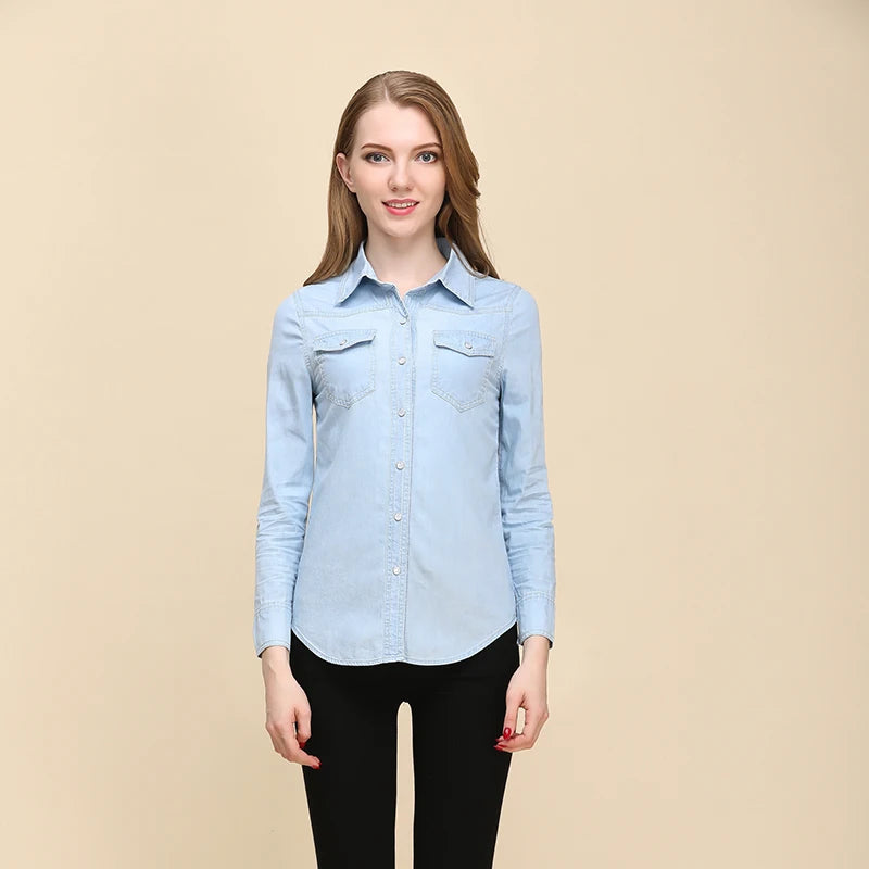 Spring 2026 New Denim Shirts And Blouse For Women Korean Style Long Sleeve Top Blue Or Sky Blue Color Jeans Elegant Blouses
