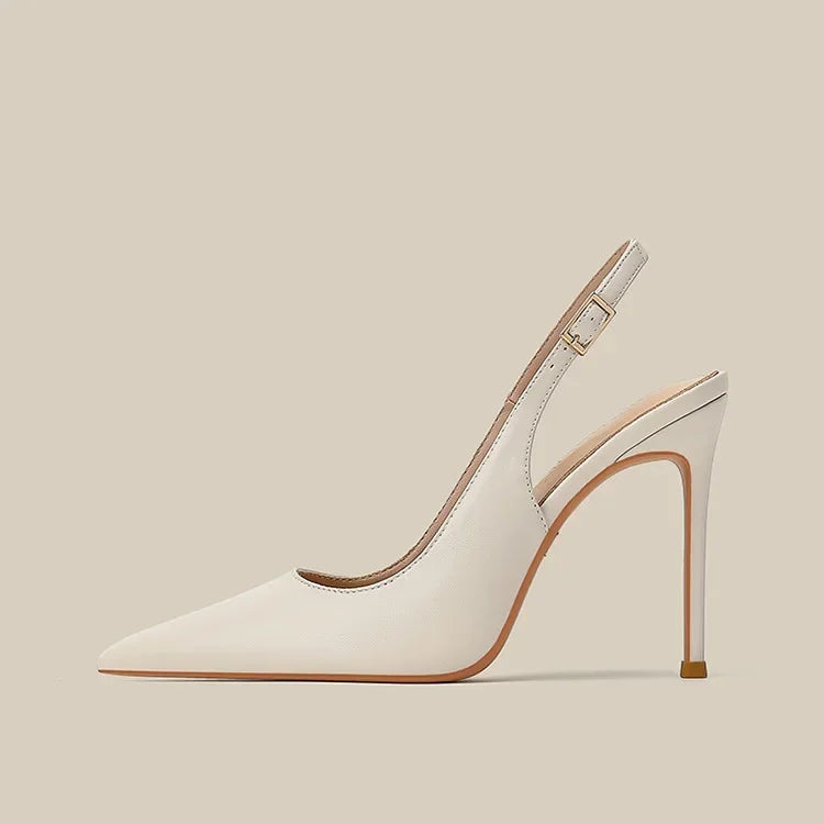 2026 New Slim Heel Flat Buckle Toe Back Empty Sandals with Pointed Soft Leather Toe Strap for Women's Commuting Single Shoes
