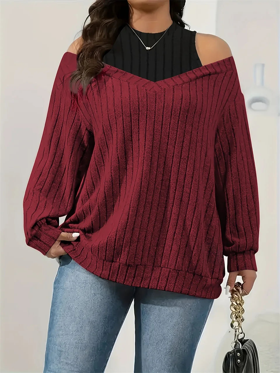 GIBSIE Plus Size Cold Shoulder 2 In 1 Rib-knit Tee Women 2025 Spring Fall Casual Loose O-Neck Long Sleeve T-Shirts Top Female