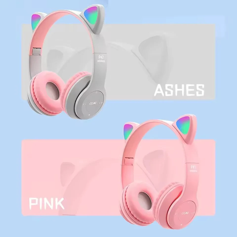 Flashing LED Cute Cat Ears Headphones Bluetooth Wireless Headset with Mic P47M Kid Girl Stereo Music Earbud Sports Headphones