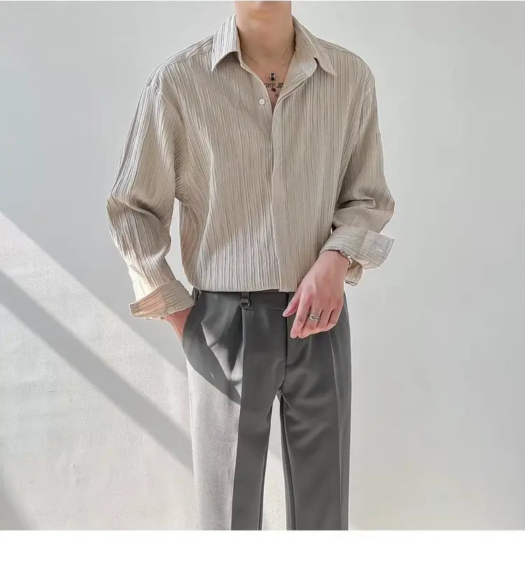 Black Apricot White Long-sleeved Shirt Men Fashion Social Mens Dress Shirt Korean Loose Casual Pleated Shirts Mens Formal Shirt