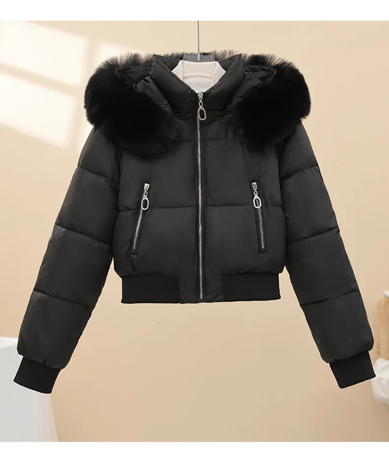 Short Cotton Jackets Long Sleeve Loose Hooded Short Women's Parka Coats Big Fur Collar Winter Down Cotton Padded Coats 2025 New