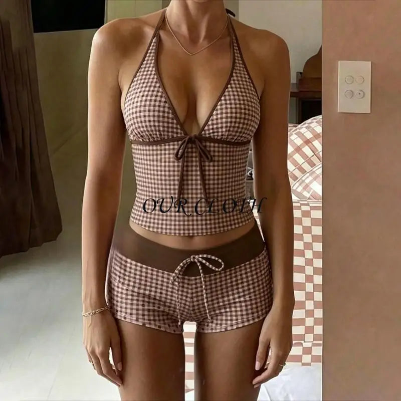 Womens 2 Pieces Set Tankini Swimsuits with Shorts Vintage Beach Swimsuit Swimwear Vacation Outfit Y1AC