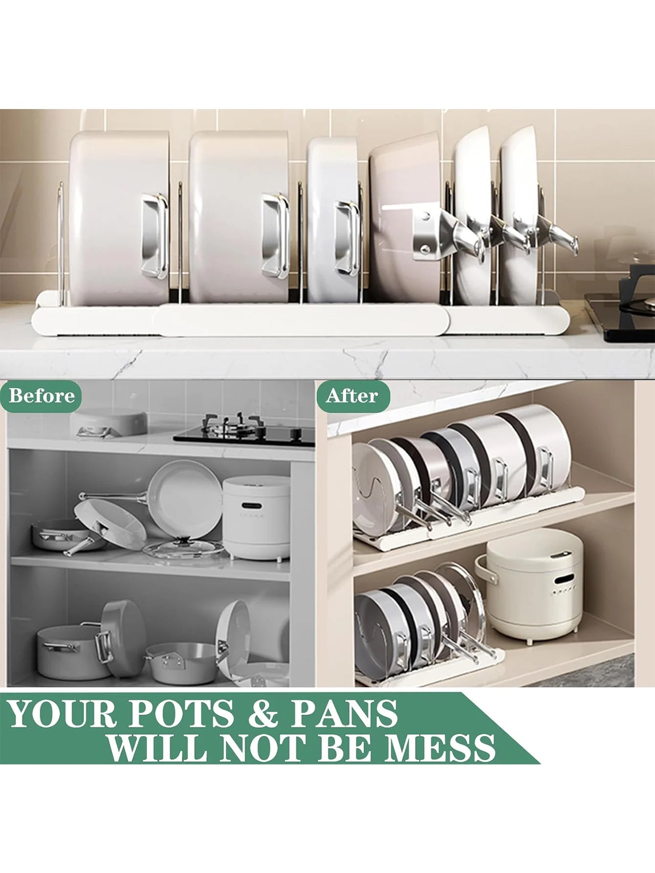 Expandable Pans Organizer Rack Kitchen Cabinet Pan Rack Utensil Rack, Dish Drainer Space-Saving Cabinet Storage Rack Christmas