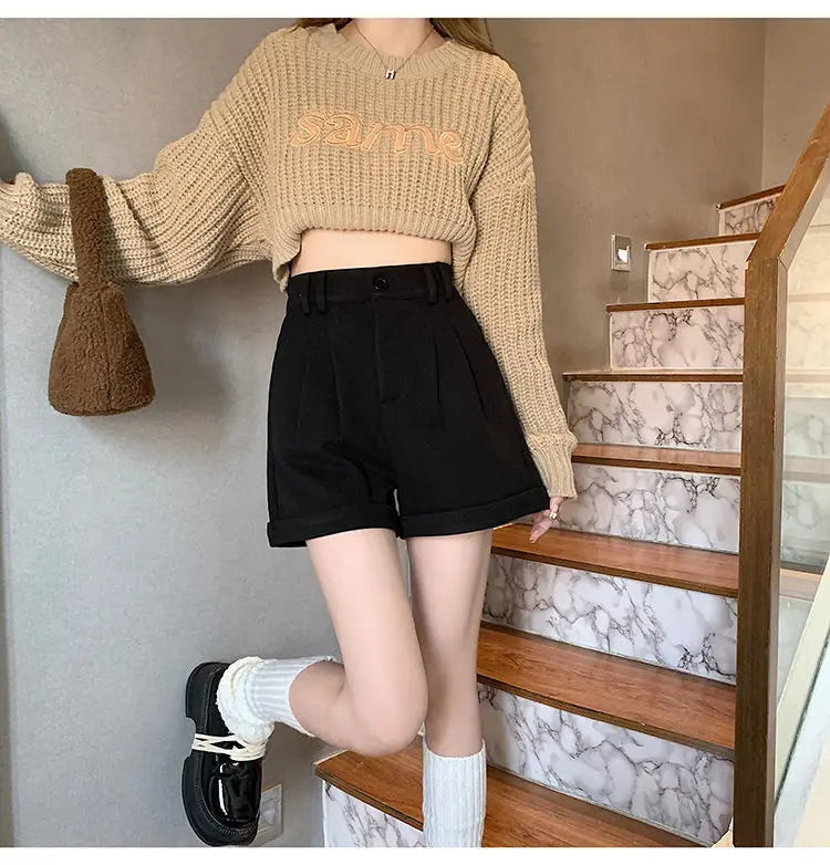 Women Office Lady Summer 2025 Solid Brown Thick High Waist Shorts Korean Style Wide Leg Boot Pants