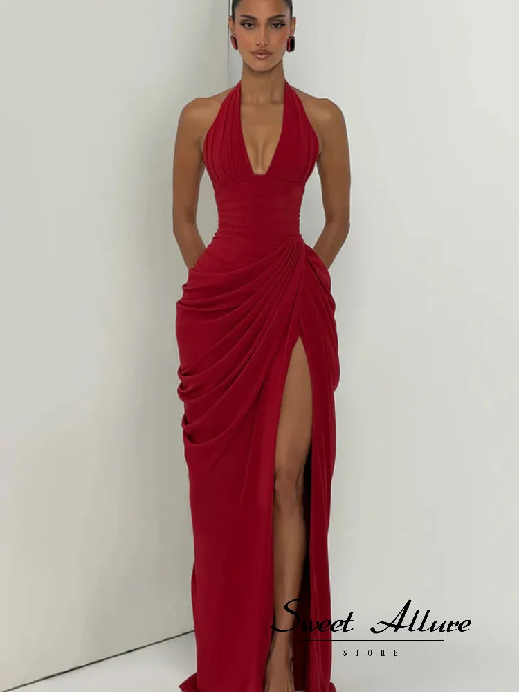 Women Fashion Solid Pleated Halter Dress Waist-cinching Sleeveless Backless Split Maxi Dresses 2026 Sexy Summer Lady Party Gowns