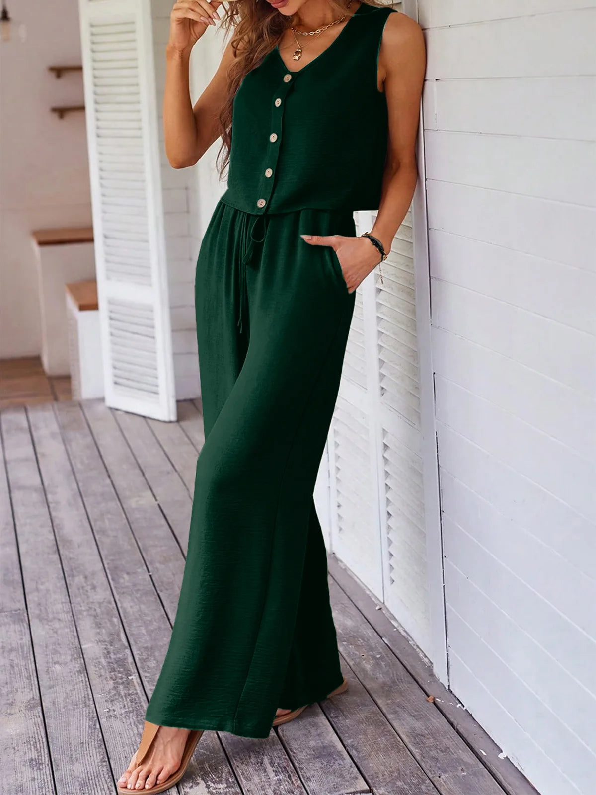 Fashion Single Breasted Vest Women's Trousers 2-piece Set Summer Elegant Casual Loose Wide-leg Pants Pocket Female Office Suit