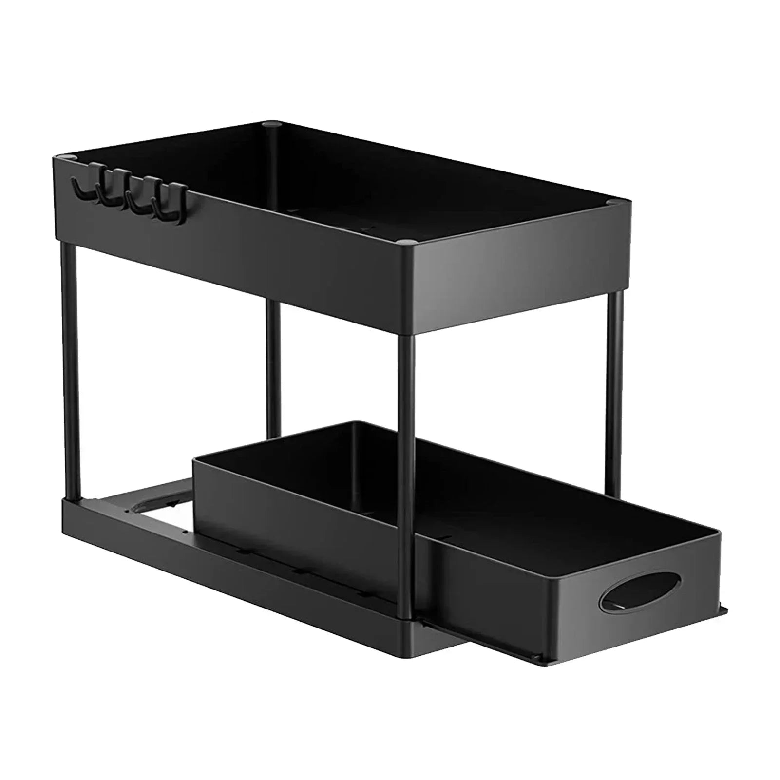 Kitchen Bathroom Under Sink Organizer 2-Tier Sliding Storage Basket Multipurpose Shelf with Hanging Cup and Hook Accessories