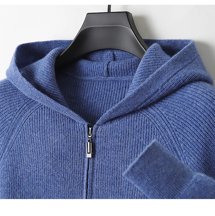 Autumn and Winter 100% Pure Cashmere Cardigan Men's Hoodie Zipper Thick Sweater Loose Plus Size Wool Knitted Sweater Coat