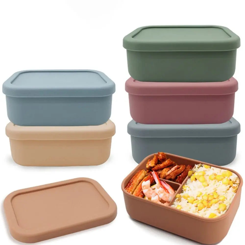 Durable 3 Compartments Silicone Lunch Box Microwavable Rectangular Lunch Container Heat Resistant Picnic box Office