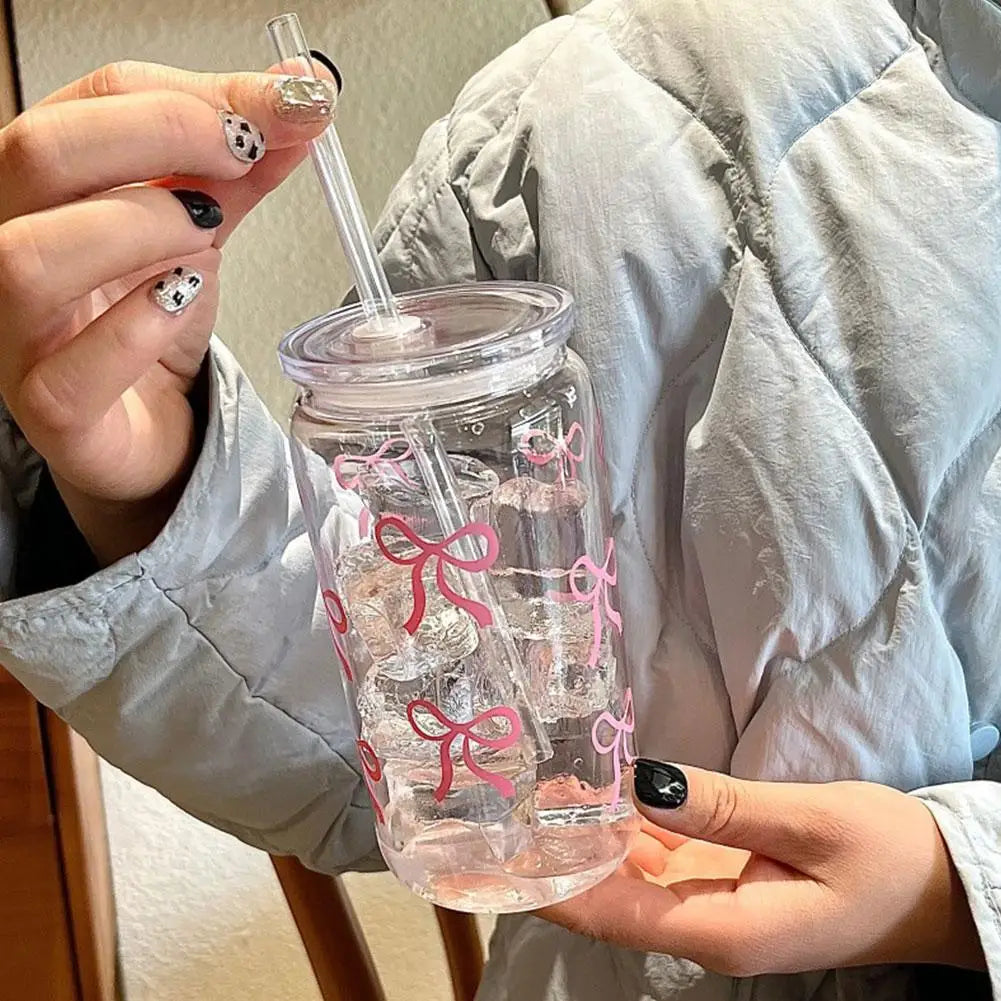 500ml Pink Bow Plastic Cups With Lids And Straws Reusable Bow Aesthetic Cup For Drinking Coffee Tea Cocktail For Party Support