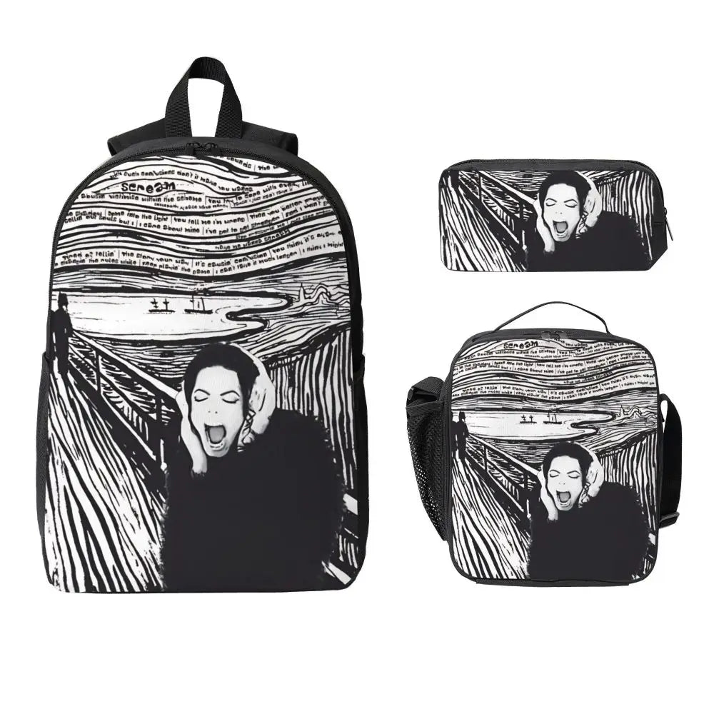 MJ 3pecs/set Backpack for Student High School Daypack Lunch bag Pencil Case