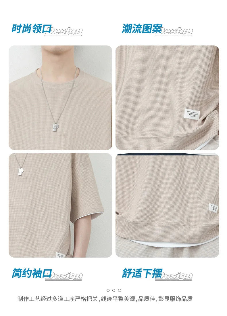 Summer Solid Waffle Tracksuits 2026 Men's Short Sleeve Shorts Casual Two Piece Sets Loose Breathable Men Clothes Joggers Outfits