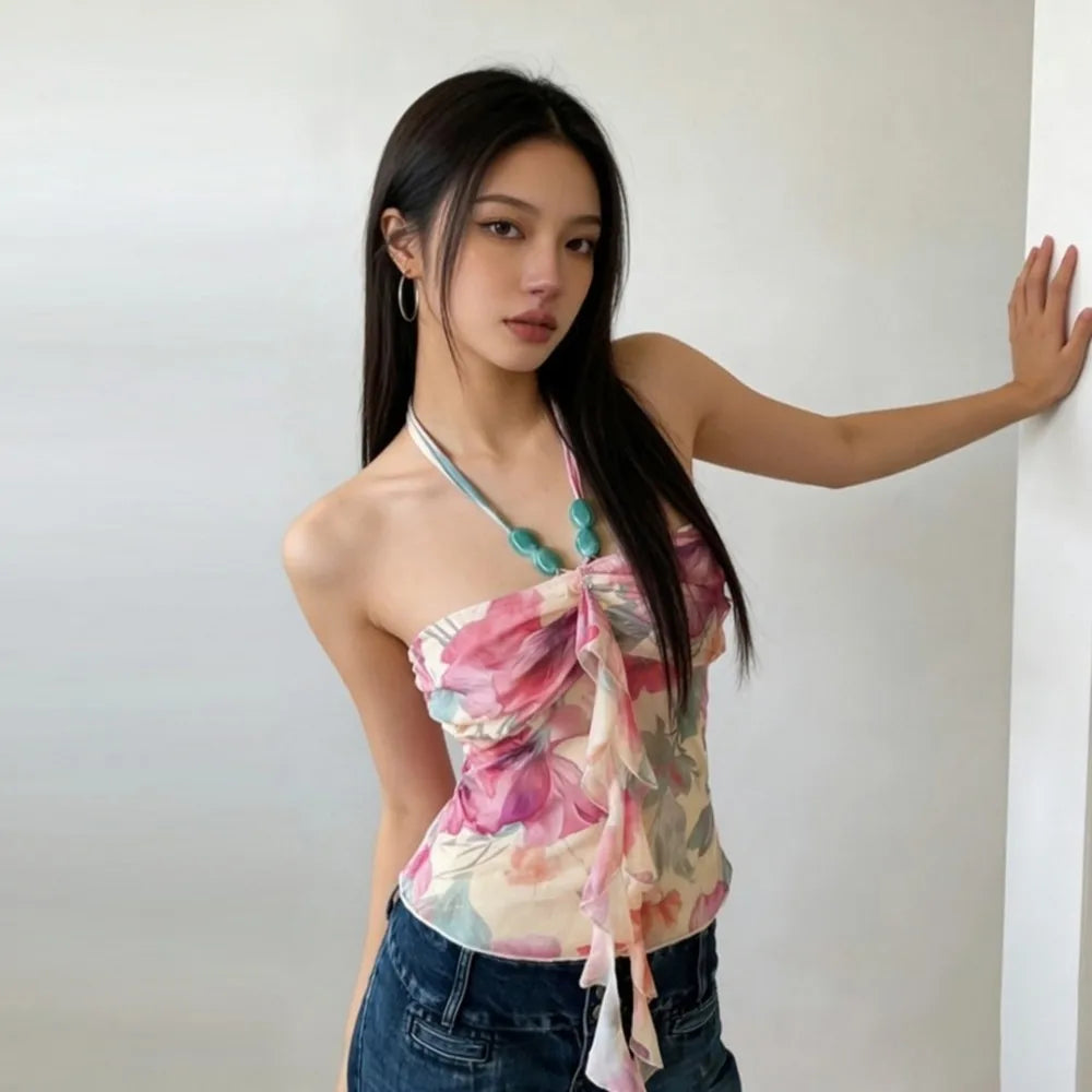 SylCue Colorful Print Camisole Tops Woman Beads Decoration Halter Backless Ruffles Tassel Sweet Girls Y2K Style Elegant Tops