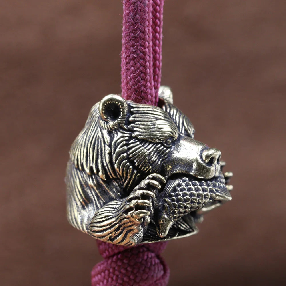 Bear With Salmon Brass Knife Beads EDC DIY Paracord Woven Bracelets Lanyard Pendants Accessories Outdoor Tools Hangings Charms