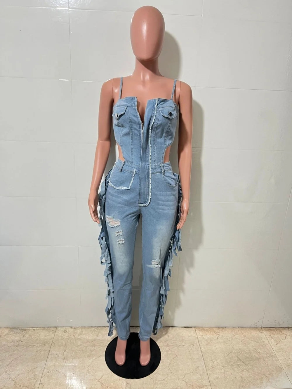 Slergiri Sexy Backless Spaghetti Strap Fringe Denim Jumpsuit Women Fashion New 2026 Summer Zipper Front Ripped Jeans Jumpsuit