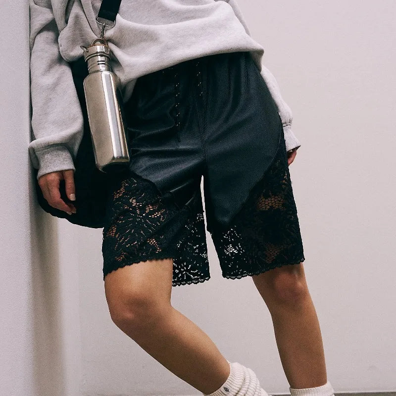 Womens Lace Patchwork Sweat Shorts Casual Summer Loose Mid Length Pants Drawstring Waist Lounge Running Walking Workout Shorts