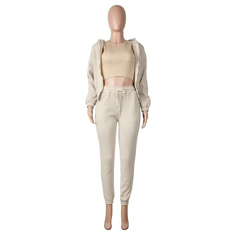 Active Wear 3 Piece Sets Womens Outfits Tracksuit Hooded Jacket Top + Vest + Sweatpants Sporty Suit Fitness Casual Matching Sets