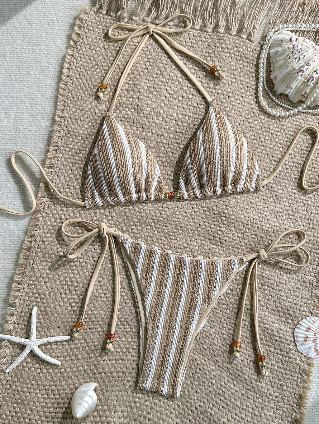 2026 Summer Women's Striped Knitted Solid Color Bikini Set Sexy Fashion Beach Vacation Bandage Swimsuit