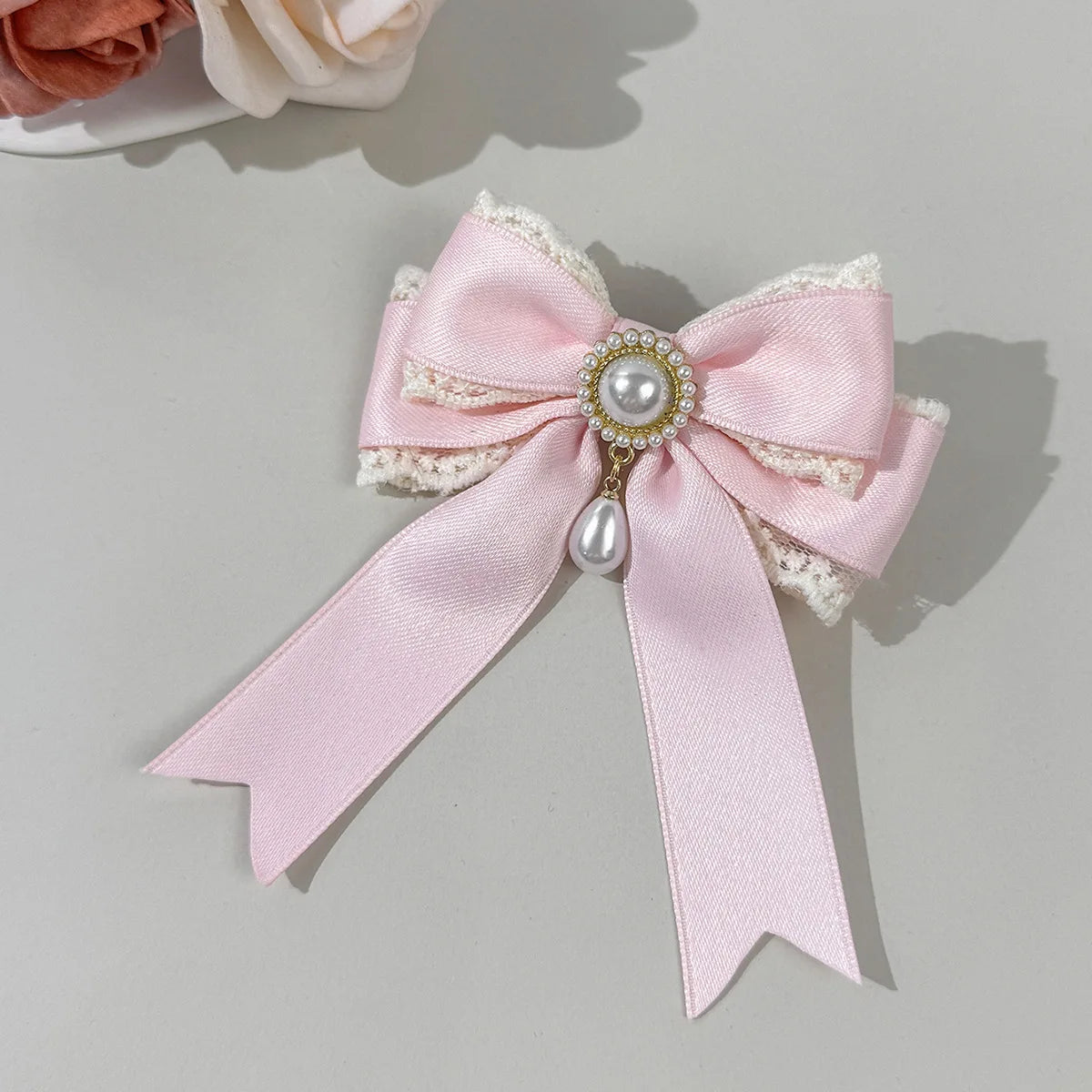 4pcs Pearl Lace Bow Hair Clip, Multi-color Satin Lolita Headpiece, Retro Sweet and Beautiful Style Hair Accessory