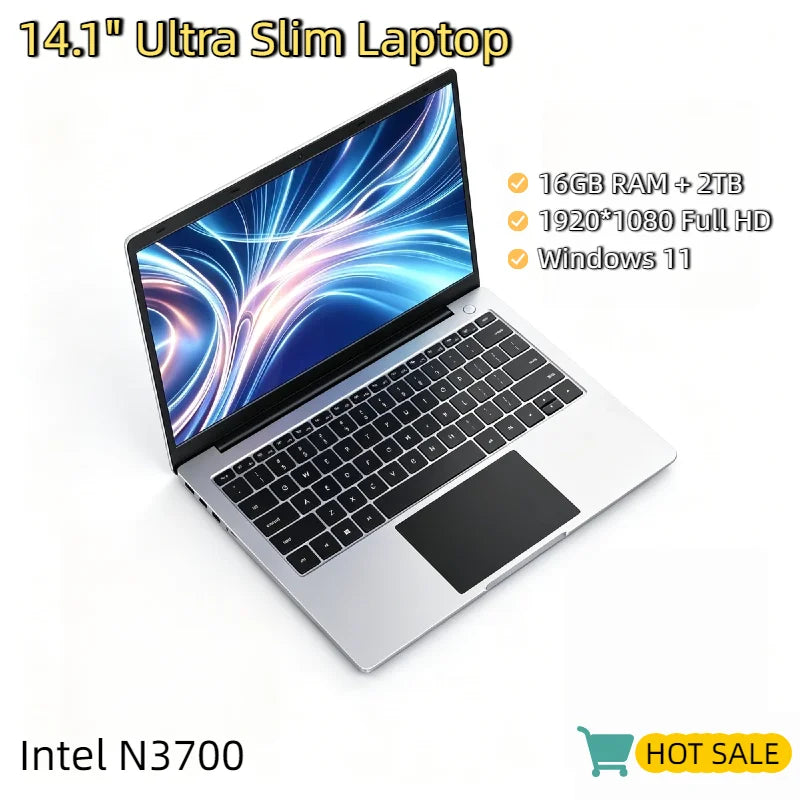 New 14.1 Inch Laptop Windows 11 16GB RAM 2TB SSD Intel N3700 1920x1080 HD Ultra Slim Notebook Office Study Light Gaming