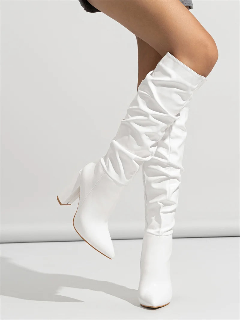 Liyke Winter Street Fashion Pleated Leather Pink Knee High Boots Women Sexy Long Zip Pointed Toe Square Heels Stripper Shoes