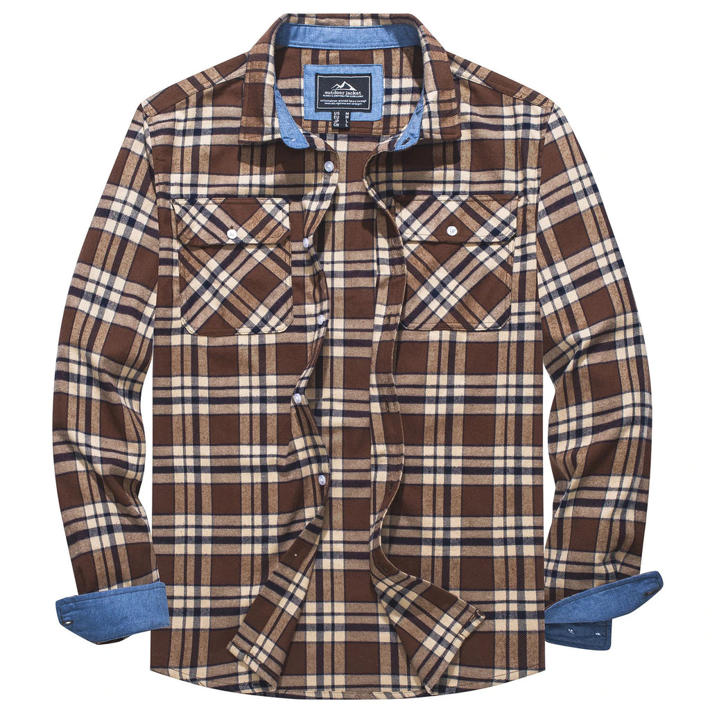 MAGCOMSEN Autumn Windproof Men's Flannel Shirt Warm Long Sleeve Casual Plaid Shirts with Two Chest Pockets
