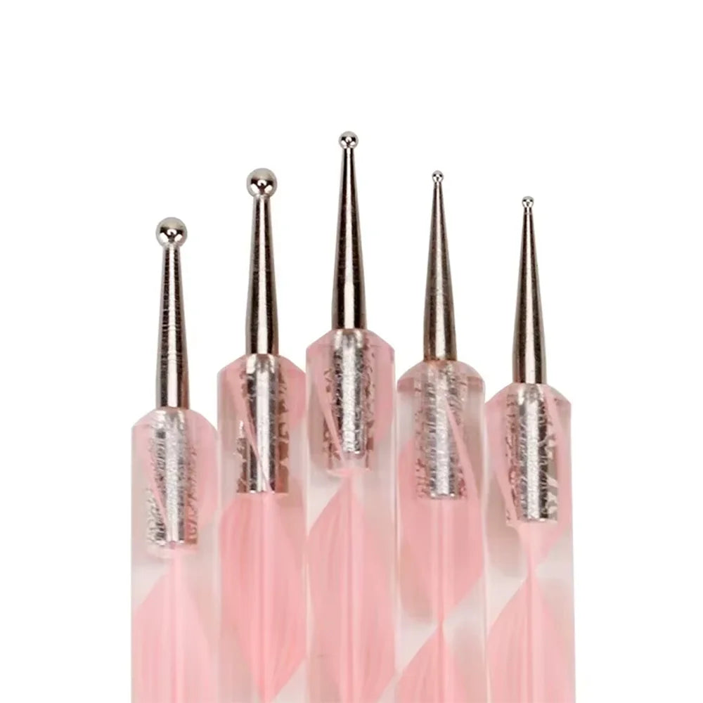5Pcs Double Ended Nail Art Brush Acrylic Silicone Point Flower Nail Pen Stainless Steel Dotting Tools Marbleizing Painting Pens