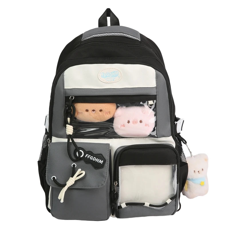 Women's Pastel Color Block Backpack Clear Display Pockets Plush Charm Bow Detail Adjustable Strap Casual Daily Itabag School Bag