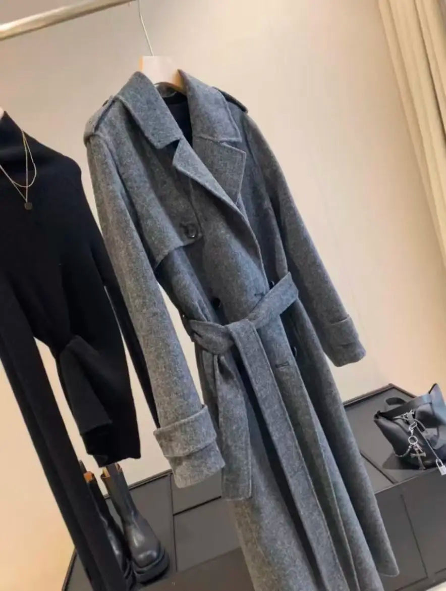 Original Grey 2025 Women's new style wool blend woolen coat with belt, double-sided fleece long woolen coat