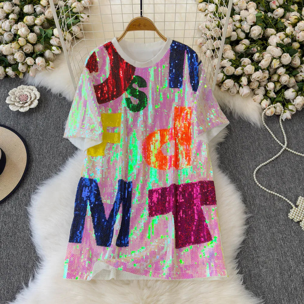 Korean version medium to long loose and lazy T-shirt women half sleeved paired round neck sequined letter top dance outfit