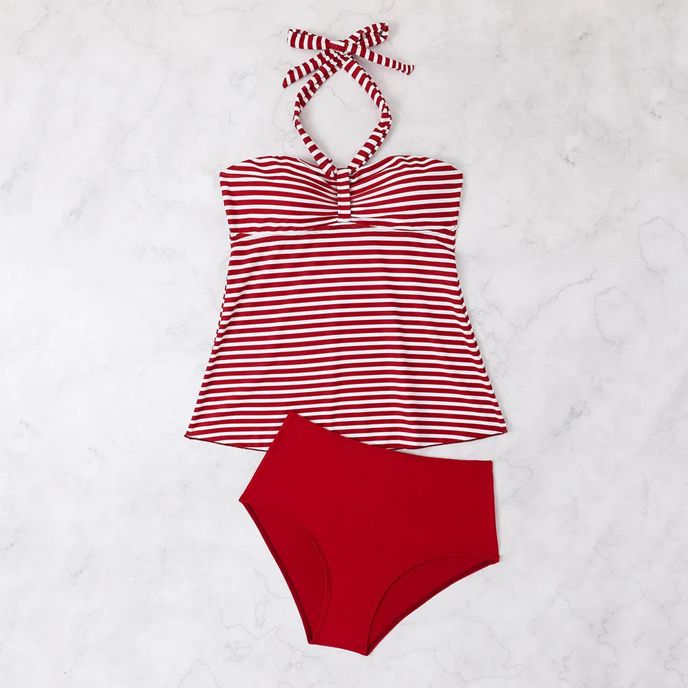 Women's Bathing Suit Two Pieces Halter Striped Print Tankini Set Summer Sexy Beach Wear High Waisted Swimwear Women Swimsuit XXL