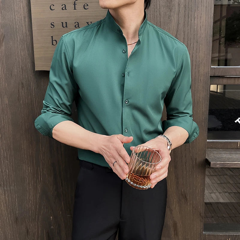 2026 Spring New Chinese Style High End Stand Up Collar Shirt Men's Long Sleeve Elastic Slimming Top Social Dress Shirt