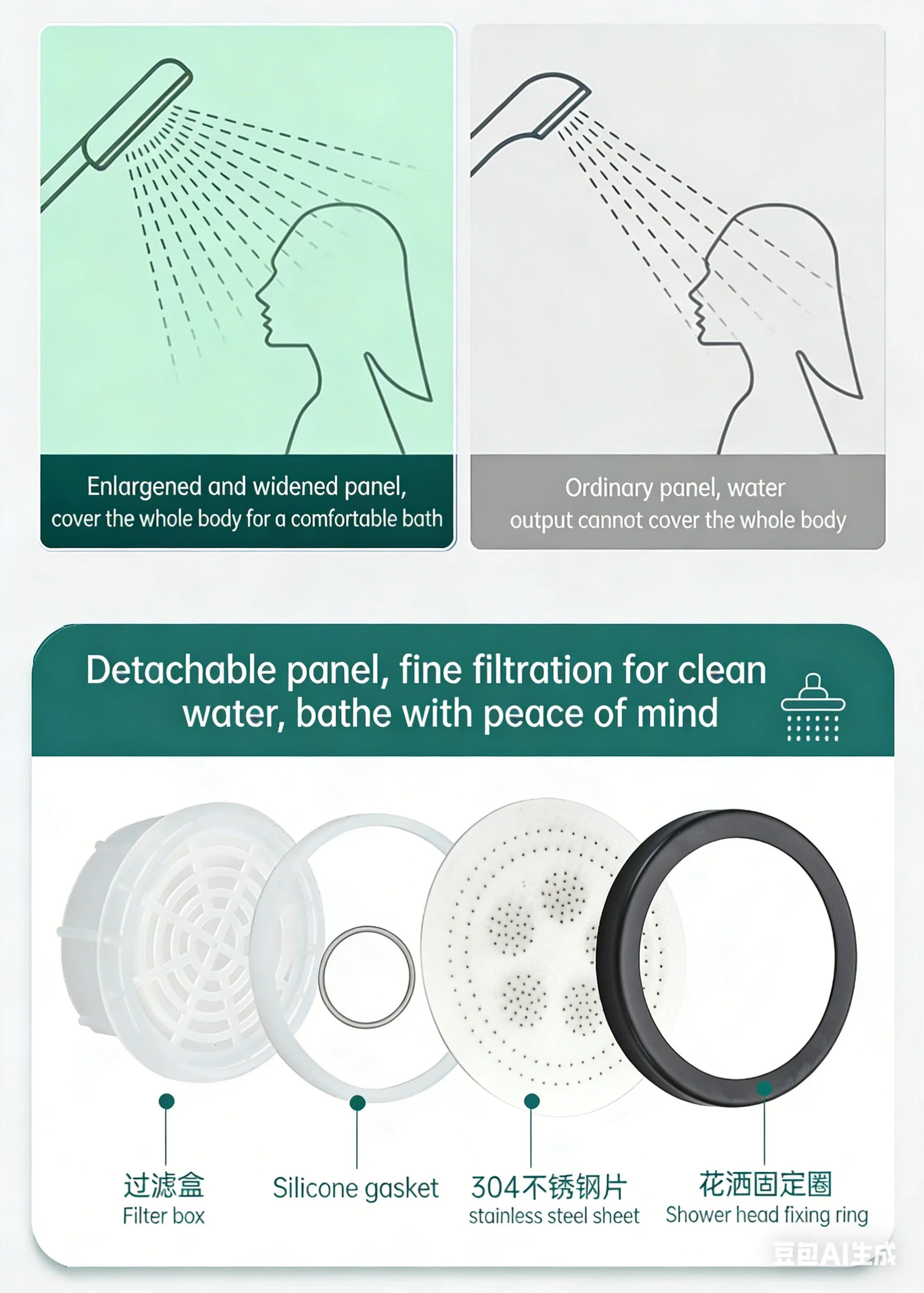 304 stainless steel shower head, handheld shower head for bathroom bathing, bathroom shower head