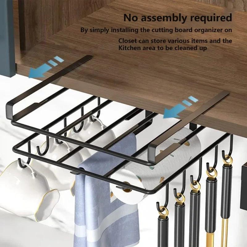 Kitchen Under Cupboard Hanging Organizer Rack with Hook Paper Towel Rags Hanger Cutting Board Pot Cover Holder Storage Shelf