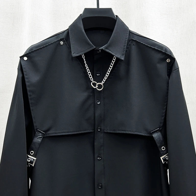 2024 Spring New Trendy Male Loose Handsome Shirts Men's Long Sleeve Solid Color Single Row Multi-Buckle Shirt Trendy Male Shirts