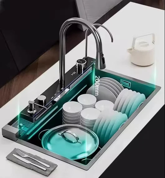 Stainless Steel Large Single Slot Bionic Honeycomb Black Wash Top Mount / Apron Front Smart Kitchen Sink with Waterfall Faucet