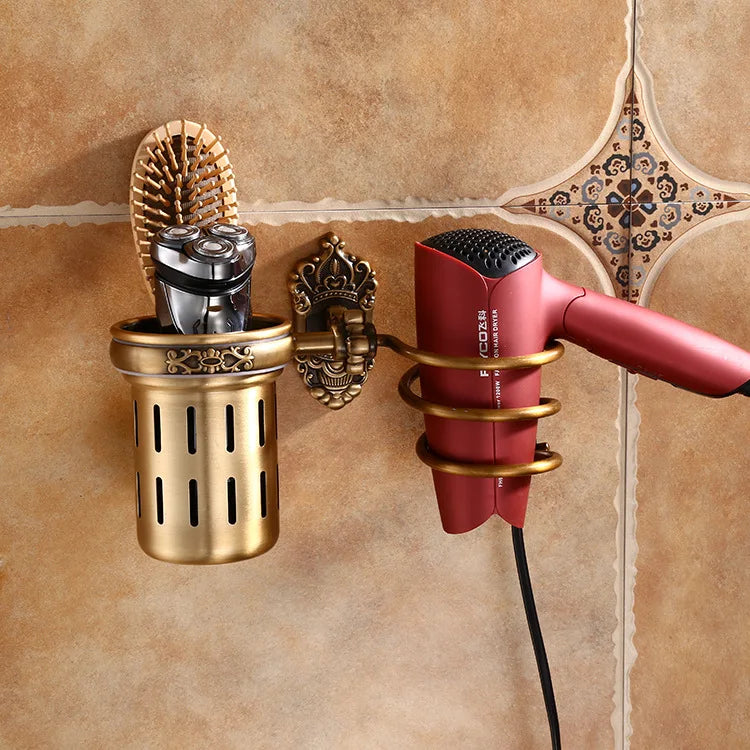 Hair Dryer Holder Aluminum Antique Bathroom Shelf Storage Nail Free Wall Shelf Mounted Organizer Spiral Stand Toothbrush Holder