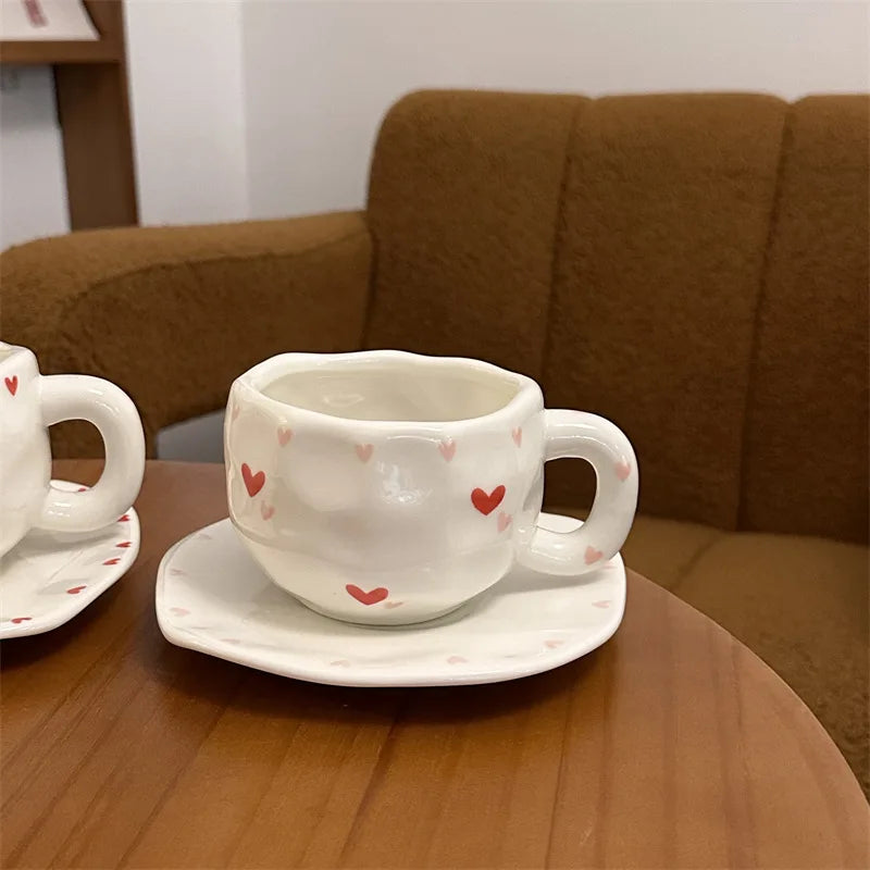 ins style retro flower ceramic cups and saucers, hand-squeezed irregular coffee cups and saucers, afternoon tea cups and saucers